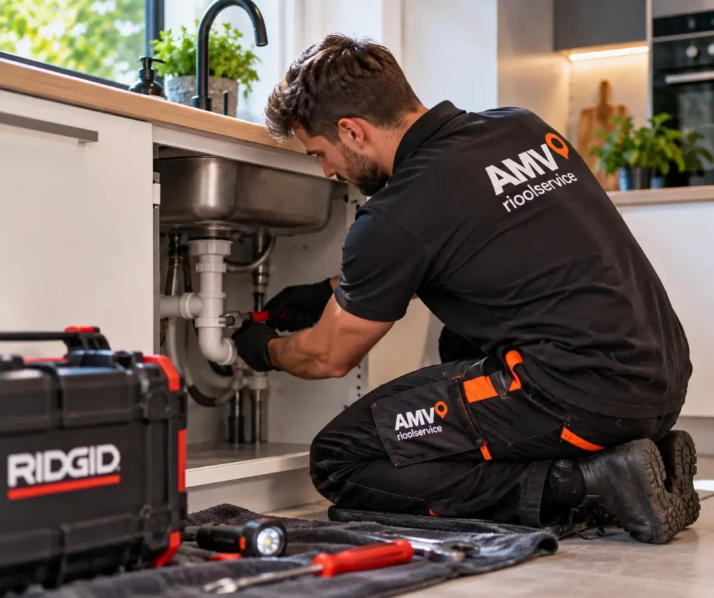 Monteur van AMV Rioolservice aan het werk in een woning